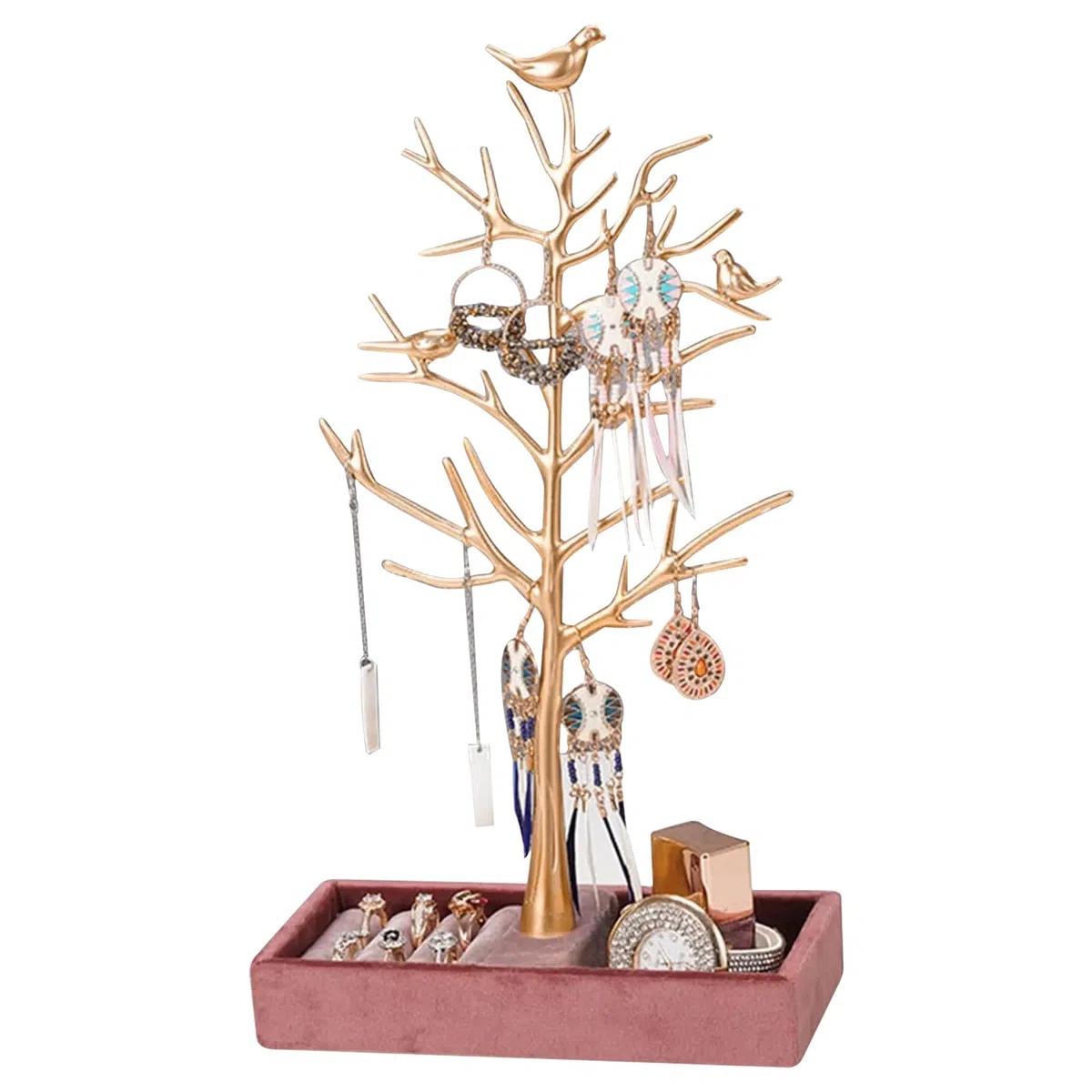 Porte Bijoux Presentoir Arbres, Range Bijoux Femme Arbre, Présentoir à Boucle d'Oreilles avec Plateau, Présentoir Bijoux Arbre pour Boucles d'Oreilles, Colliers, Bracelets, Bagues (Or)