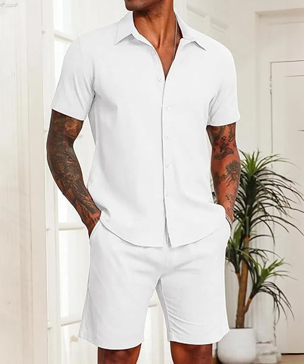 SHEKINI Pyjama 2 pièces en coton pour homme - Manches courtes boutonnées et short léger - Respirant et confortable - Convient pour l'été, les loisirs et la plage, la détente, les tenues décontractées