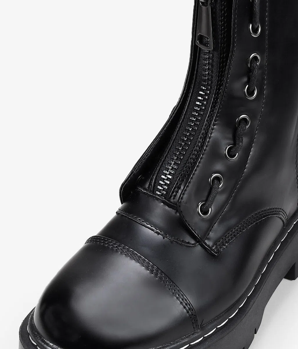 BOSANOVA Bottes militaires de style punk avec plate-forme dentelée et lacets jusqu'au sommet Fermeture à glissière. Chaussures pour femmes