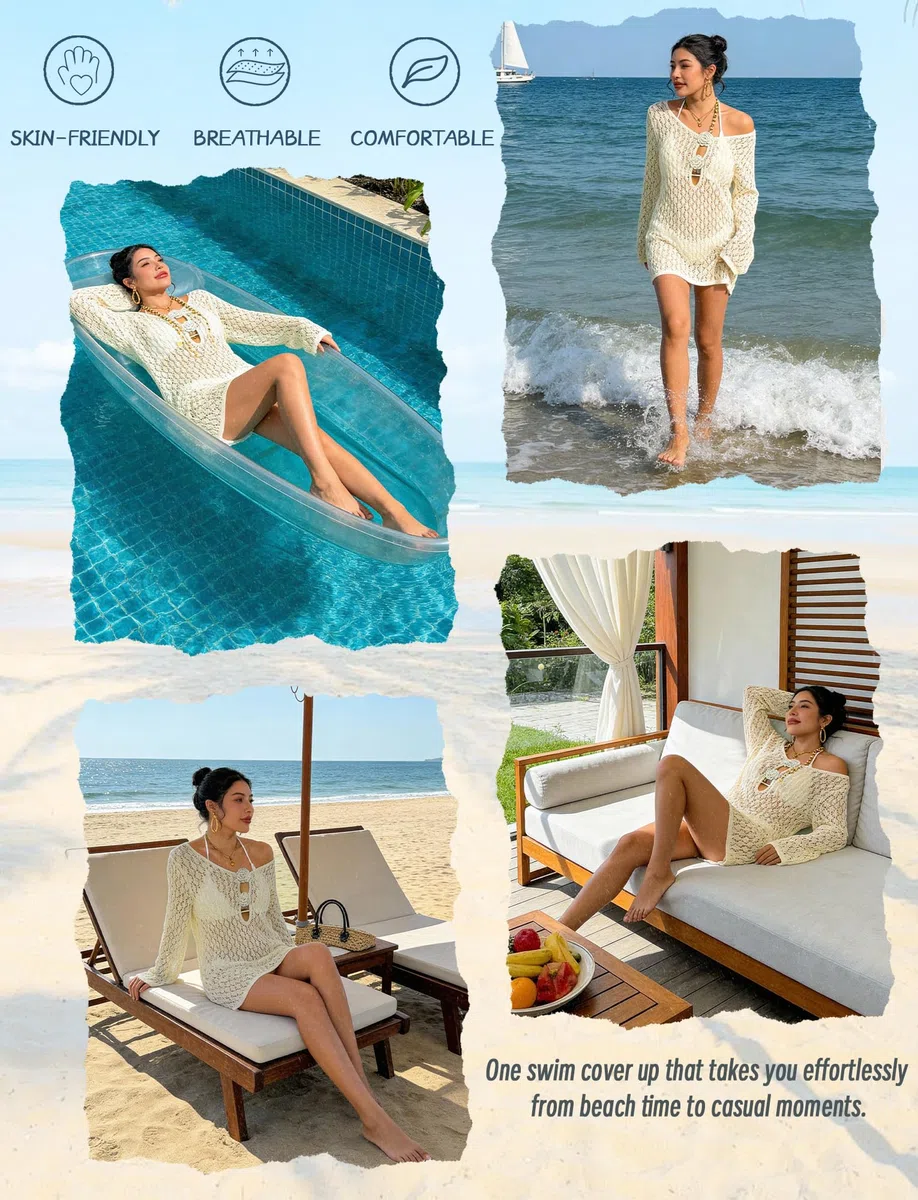 FEOYA Robe de Plage Femme Crochet Maillots de Bain Cover Up Bohême Paréo Ete Tunique Col V Bikini Cover Up Beachwear