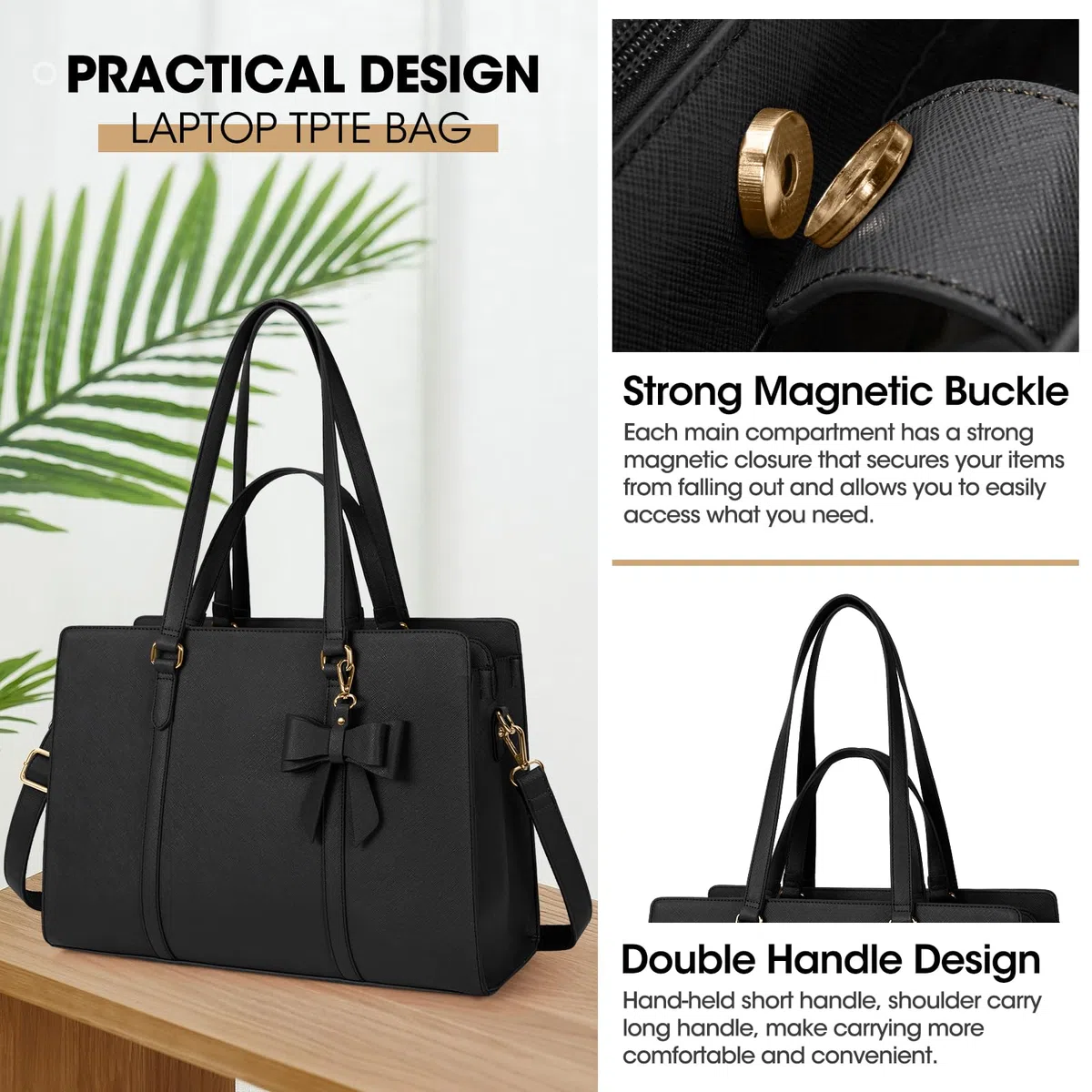 NEWHEY Sac Cabas Femme Sac a Main Sac à Main Femme en PU Cuir Grande Capacité Sac Ordinateur 15.6 Pouces Imperméable Sac Fourre Tout Sac de Cours Lycee Bandoulieres Noir