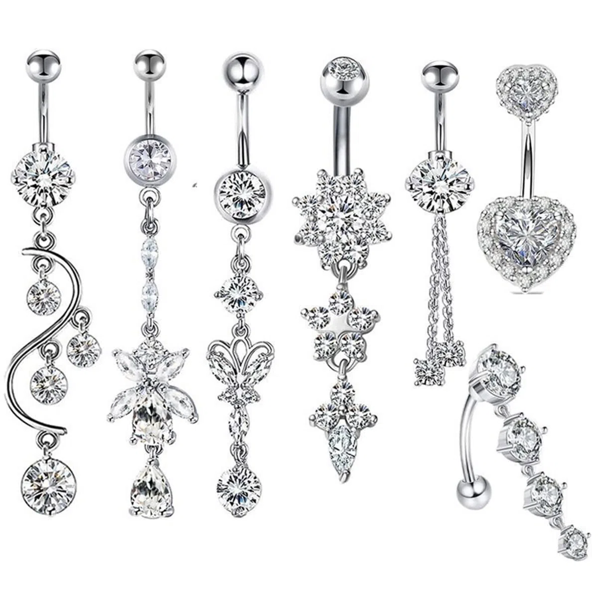 Piercing Nombril Acier Chirurgical Coeur, Lot Piercing Nombril 14 Gauge Bijoux de Piercing Fleur Ronde Zircone Dangle