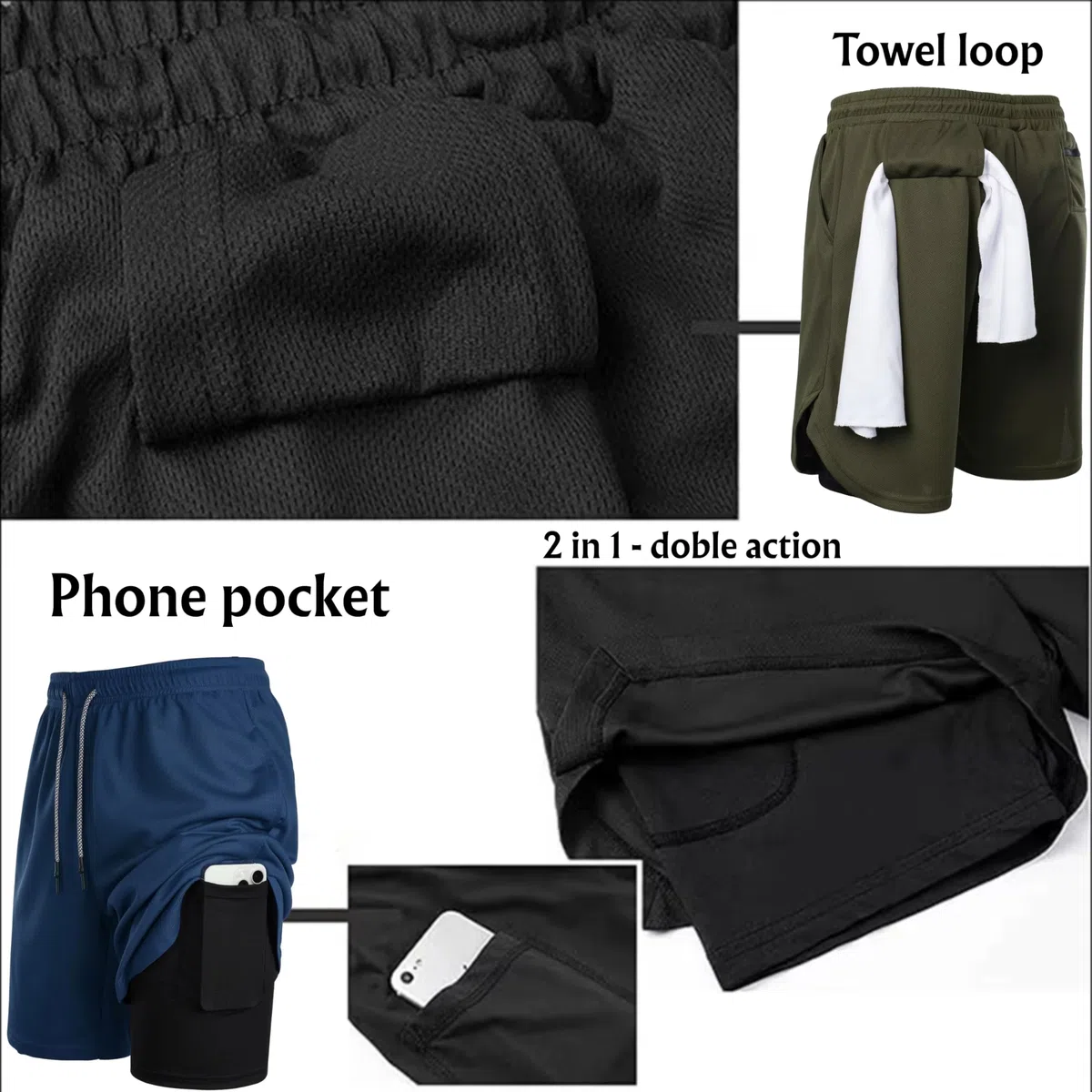 Genérico Lot de 3 shorts de sport 2 en 1 avec maille de compression interne, résistants et respirants pour gym, crossfit, course à pied, padel