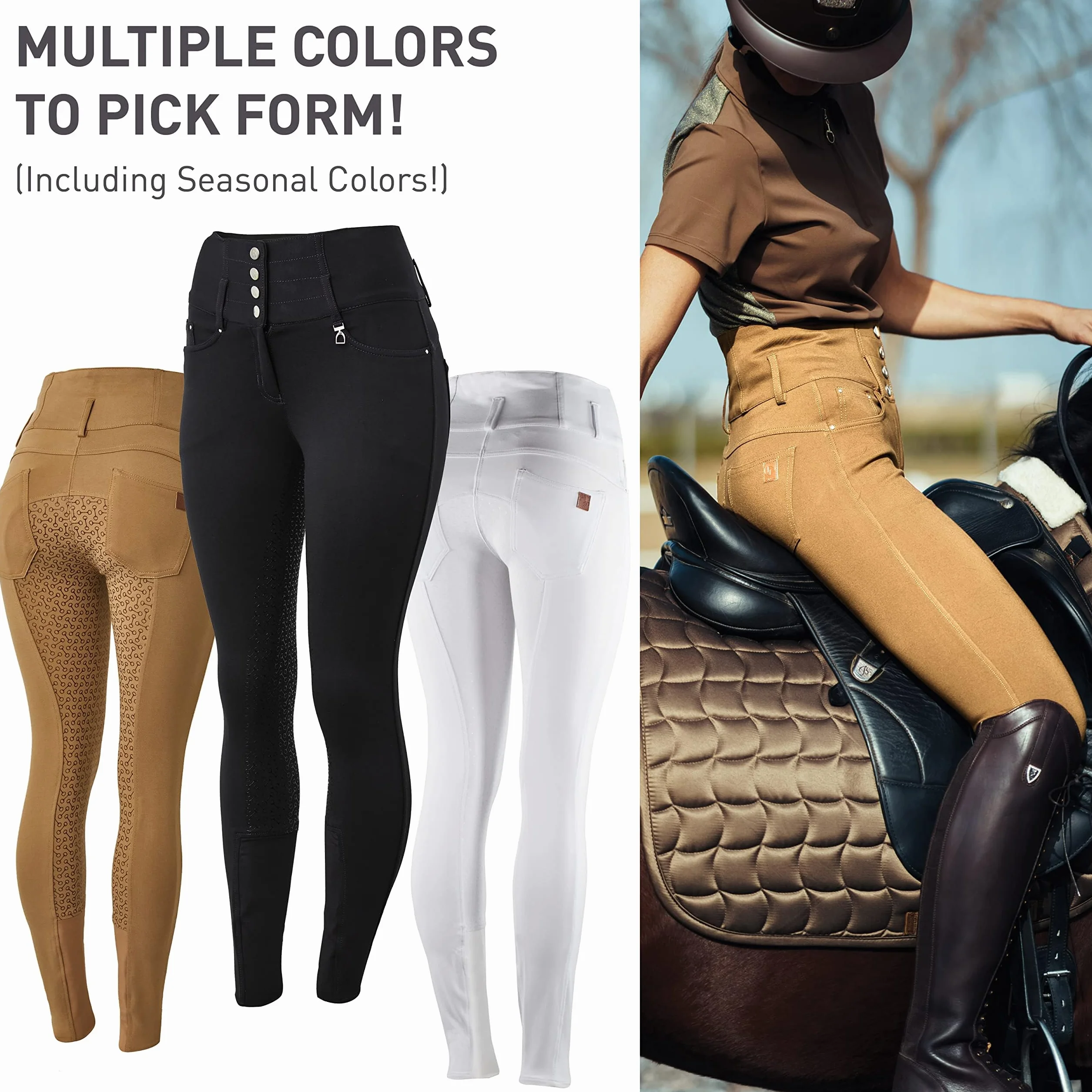 HORZE Pantalon d'équitation Tara pour Femme, Taille Haute, avec empiècement en Silicone et Poches, Noir/Noir, 38