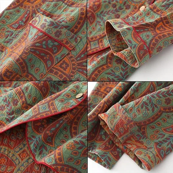 Women Sleepwear Vintage Jacquard Round Neck Button Cotton Loungewear Set, Long Sleeve Cotton Sleepwear