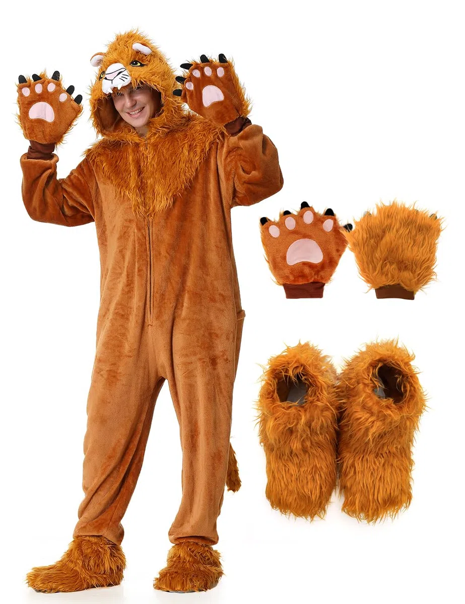 Costume de Lion Adulte Animal Onepiece Unisex Lion Pajamas Halloween Party Onesie Cosplay Dress Up Jumpsuit for Men Women