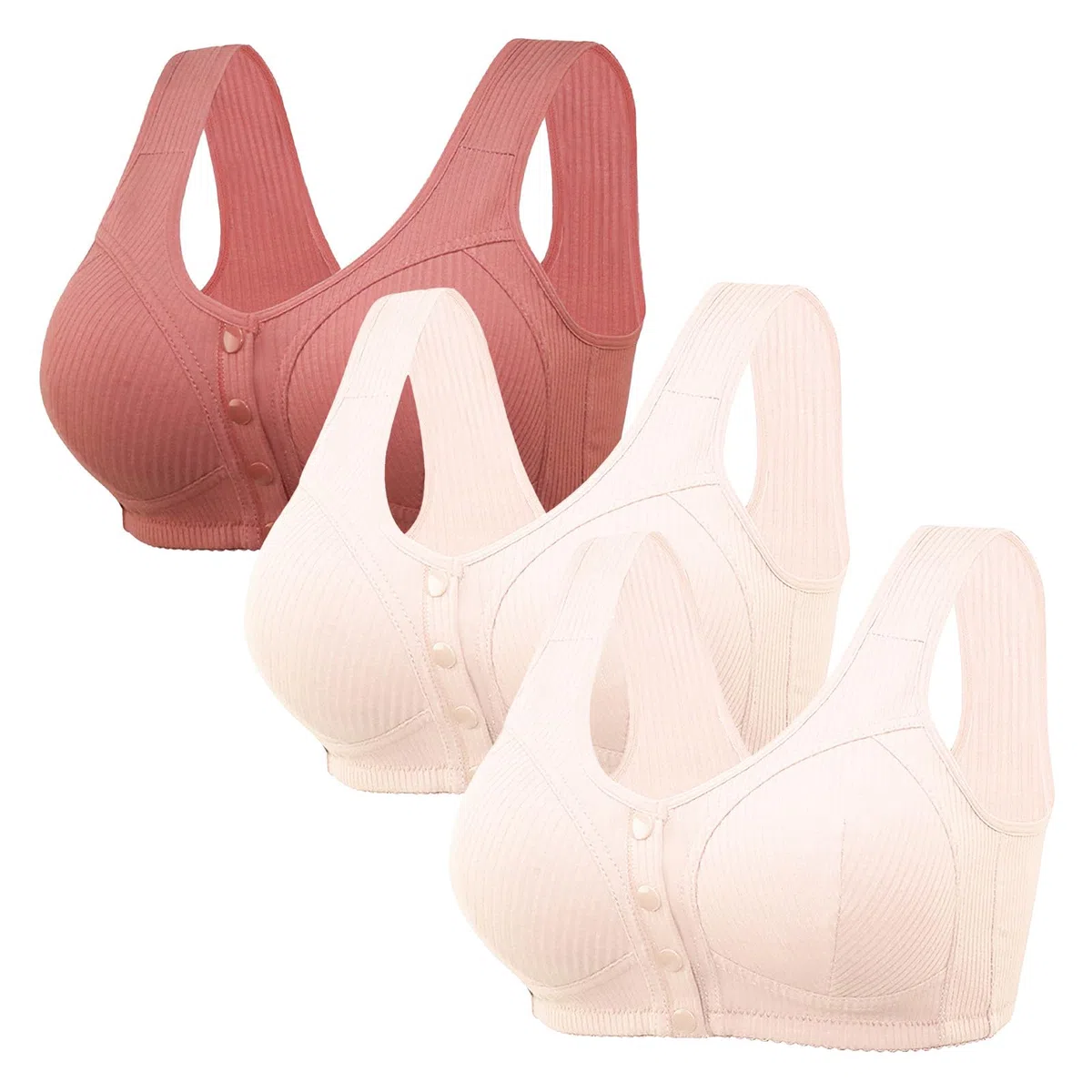 Soutien-gorge sans armature avec fermeture avant pour femme - Bordure festonnée unie - Soutien-gorge sans fil avec boucle - Soutien-gorge à bouton - Soutien complet - Soutien-gorge push-up sans fil