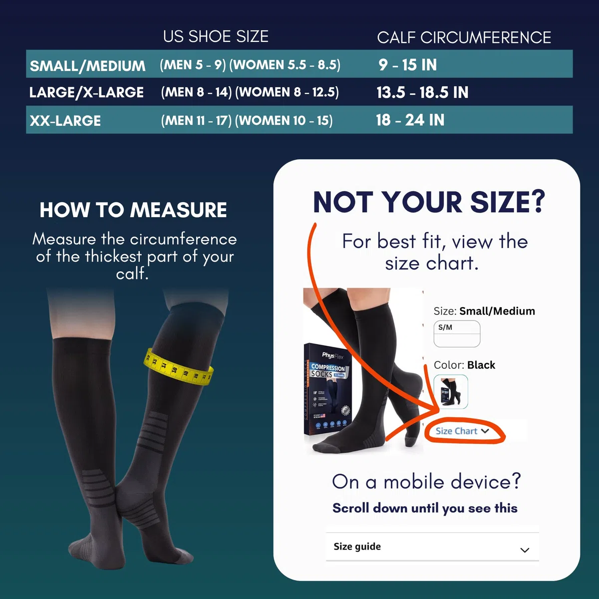 PhysFlex Chaussettes de compression pour homme et femme – Meilleur soutien pour la course, l'avion, la grossesse – Bas de compression gradués au genou (bleu)