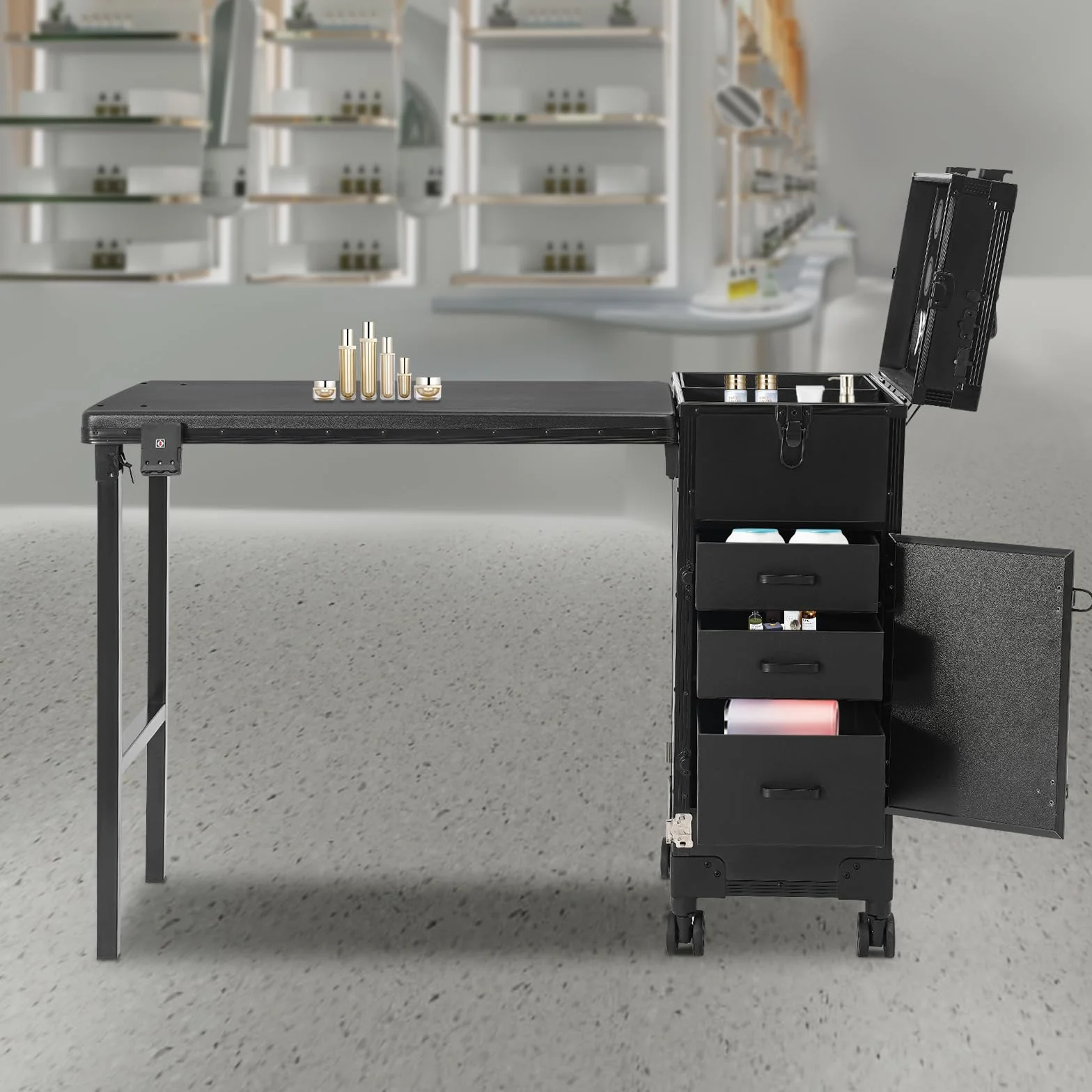 Trousse de maquillage professionnelle avec table, miroir LED et 3 tiroirs, table de manucure pour manucure, capacité de charge totale de 50 kg, couleur noire