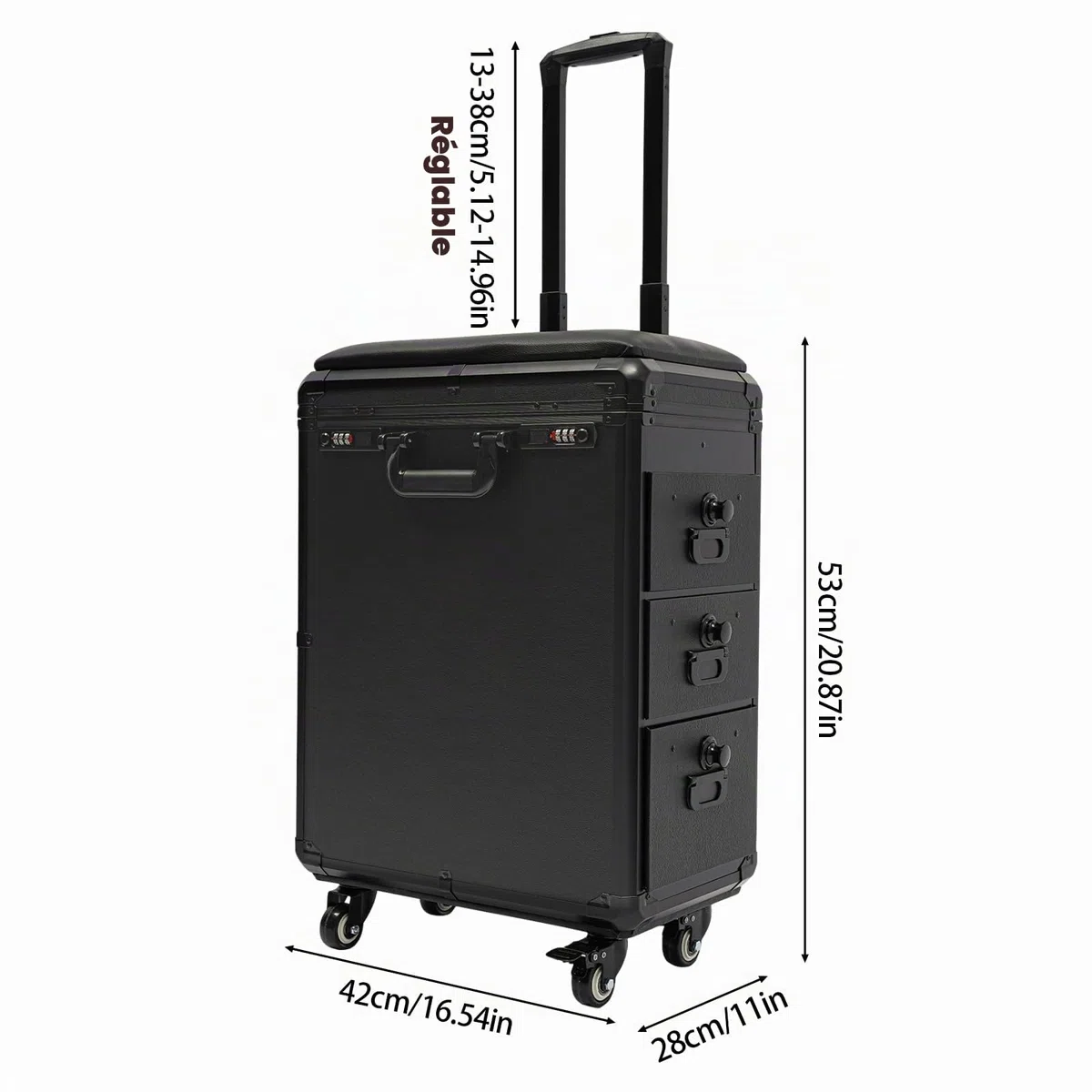 Valise cosmétique à roulettes avec support d'accoudoir et tôle métallique - Mallette de tatouage avec 3 tiroirs - Mallette de maquillage professionnelle - Table de tatouage - Table de beauté