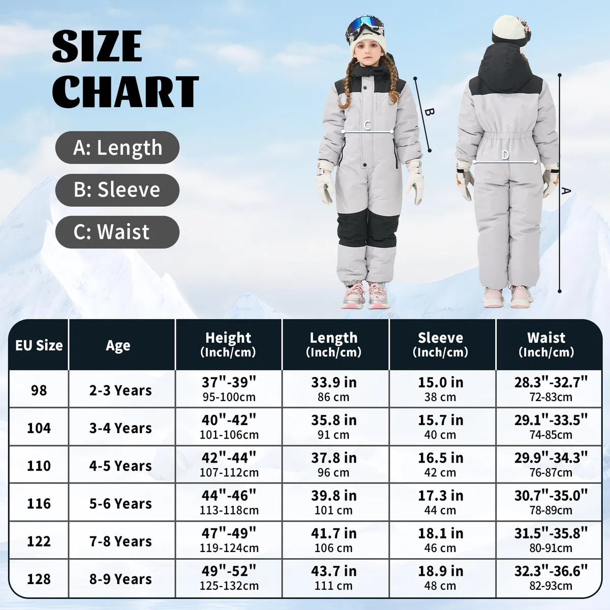 Owntop Combinaison de Ski Enfant - Combinaison Neige Imperméable et Coupe-Vent avec Capuche Amovible, Combinaison Pilote Chaude et Légère pour Fille et Garçon, Taille 98-128 cm, Unisexe