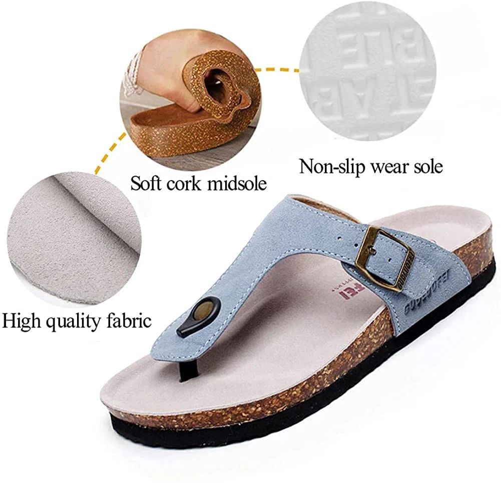 Femmes Slide Hommes Liège Semelle Sandales Plates Réglables en cuir Boucle Décontractée Peep Toe Chaussures Suede Tongs été