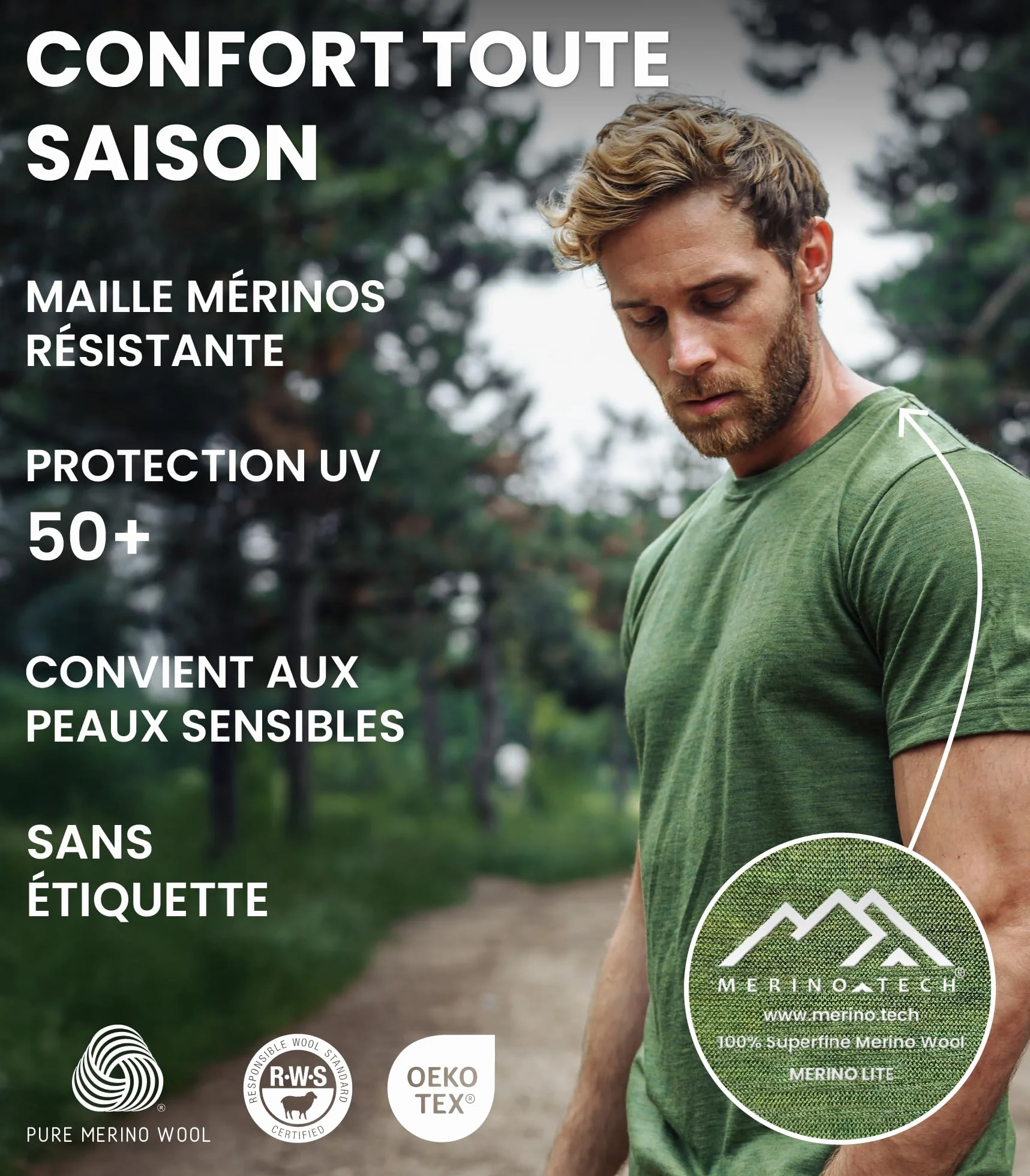 Merino.tech Tee Shirt Homme - T Shirt Sport Homme Merinos en sous Vetement Merinos à Manches Courtes