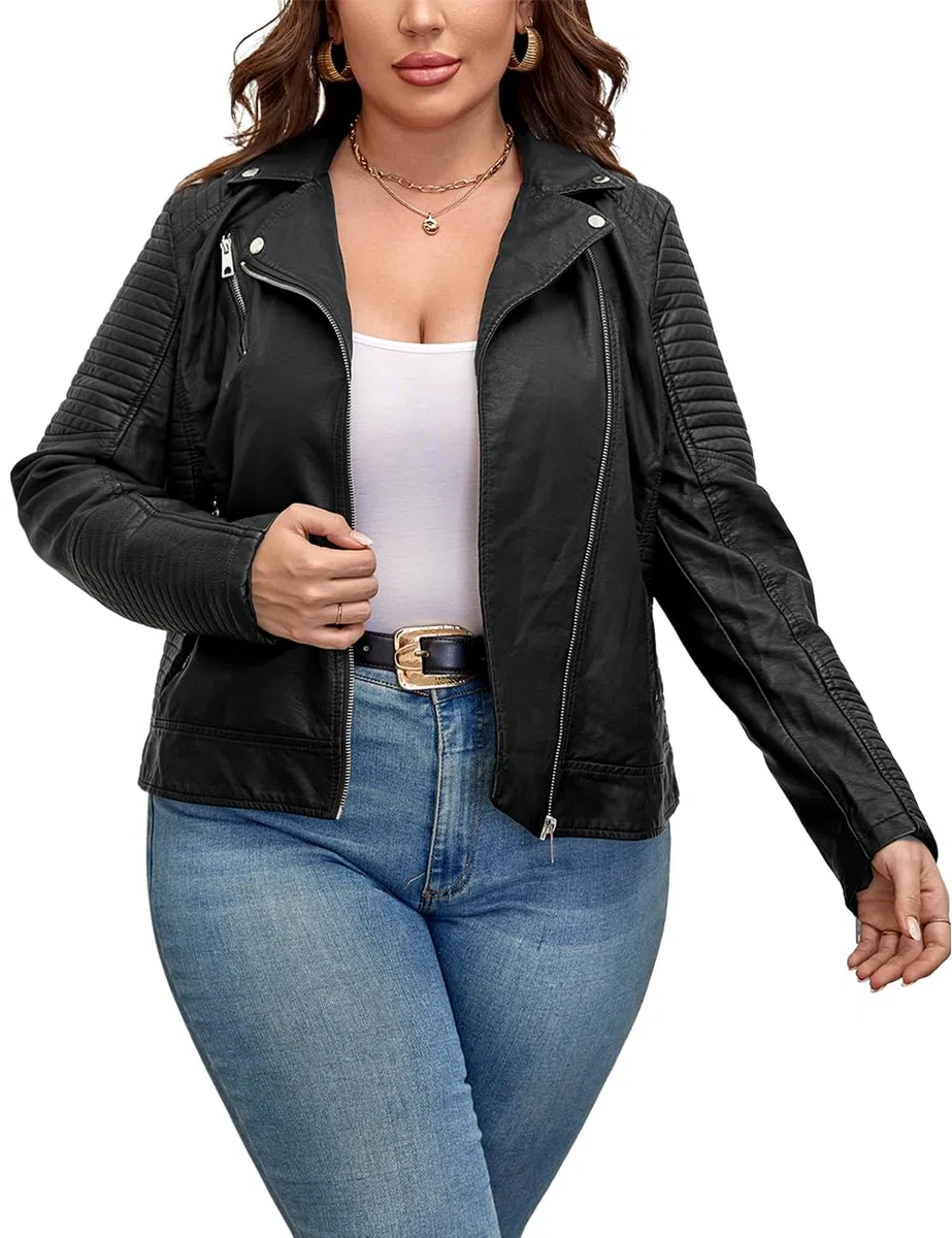 Geschallino Veste en Cuir PU Grande Taille pour Femme Courte Automne Moto Manteau avec Poches (XL-5XL)