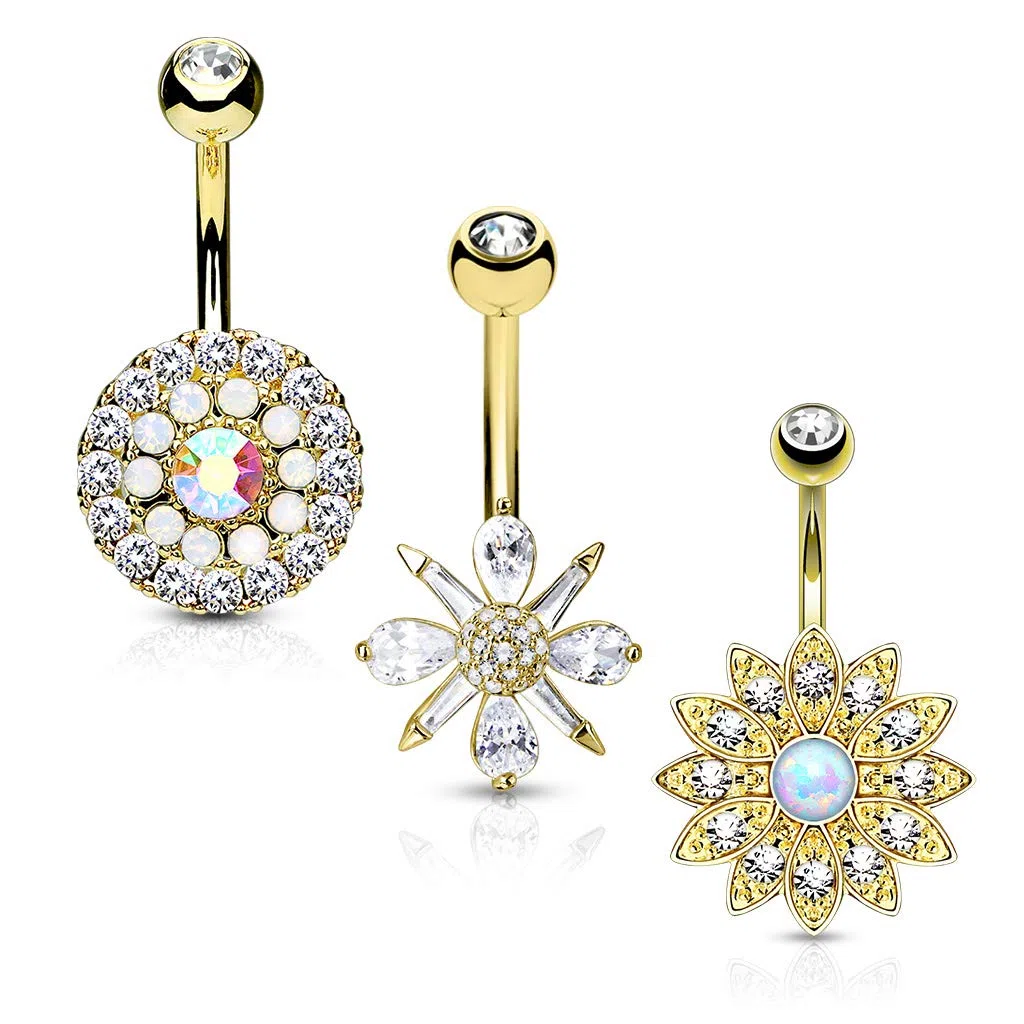 Tata Gisèle Piercings Nombril en Acier Chirurgical 316L - Trois Piercings Boite à Bijoux - Acier Chirurgical, Oxydes de Zirconium et Opale - (Or Doré)
