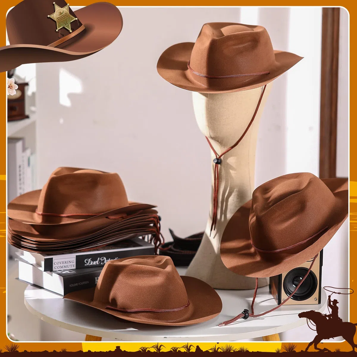 Hicarer 12 Pieces Plastic Western Cowboy Hat Set Disposable Felt Wide Brimmed Felt Cowgirl Party Hat for Men Women Party(Brown)