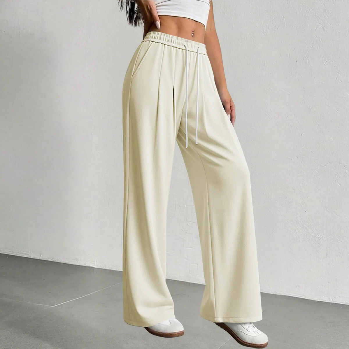 Pantalon Femme Casual Décontracté Avec Poches Jambe Large Pour Vacances | Pantalon Lounge Femme Élégant Coupe Ample Avec Cordon Réglable Et Taille Souple Pour La Maison Vacances Voyage