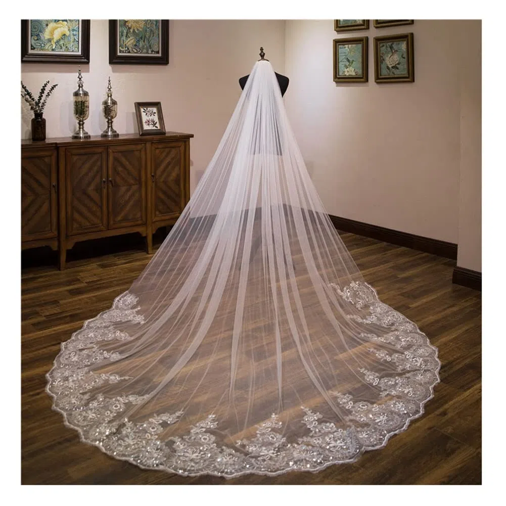 3 m Long voile de mariage église mariage voile de mariée tulle bord appliques voile avec peigne dentelle paillettes tulle doux pour mariée studio photo accessoires robe de mariage