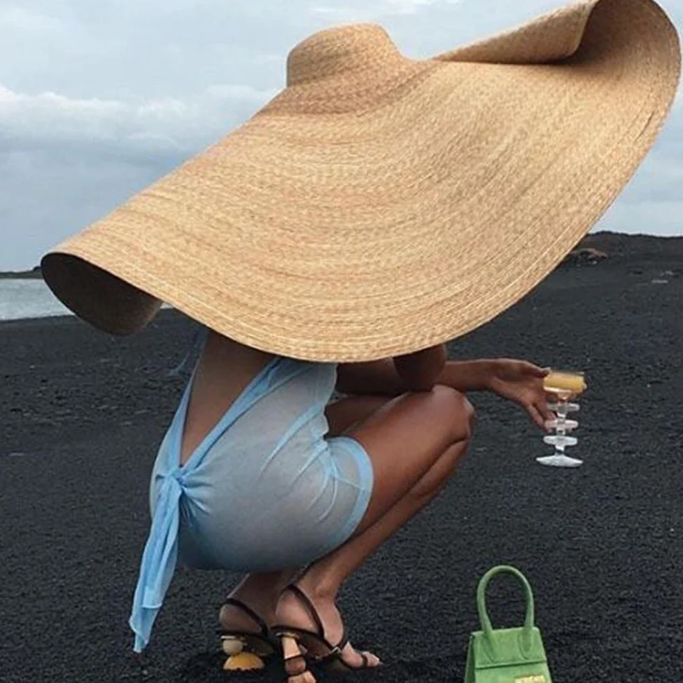 Chapeau de paille surdimensionné pour femme, chapeau de paille de soleil avec large bord anti-UV, chapeau d'été pliable (56-58 cm)