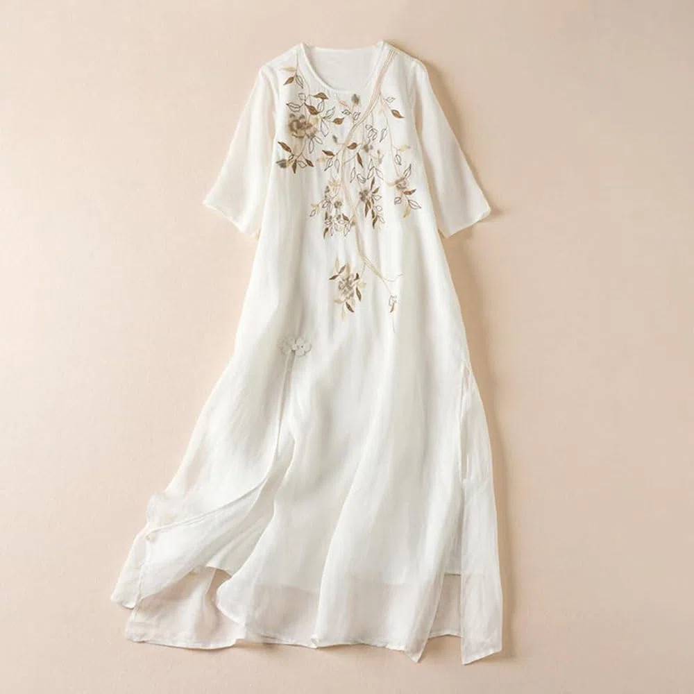 Robe Longue en Coton et Lin brodée de Fleurs pour Femme, Robe bohème en Coton et Lin, Robe d'été Classique à Manches mi-Longues et col Rond