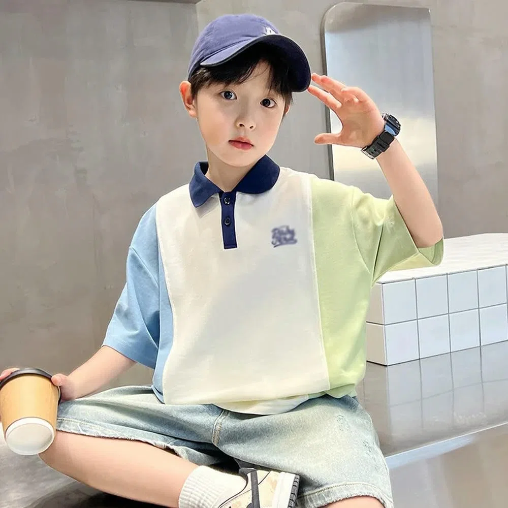 CYBHSM Polo d'été pour enfants garçons T-shirts pour adolescents T-shirt patchwork vêtements