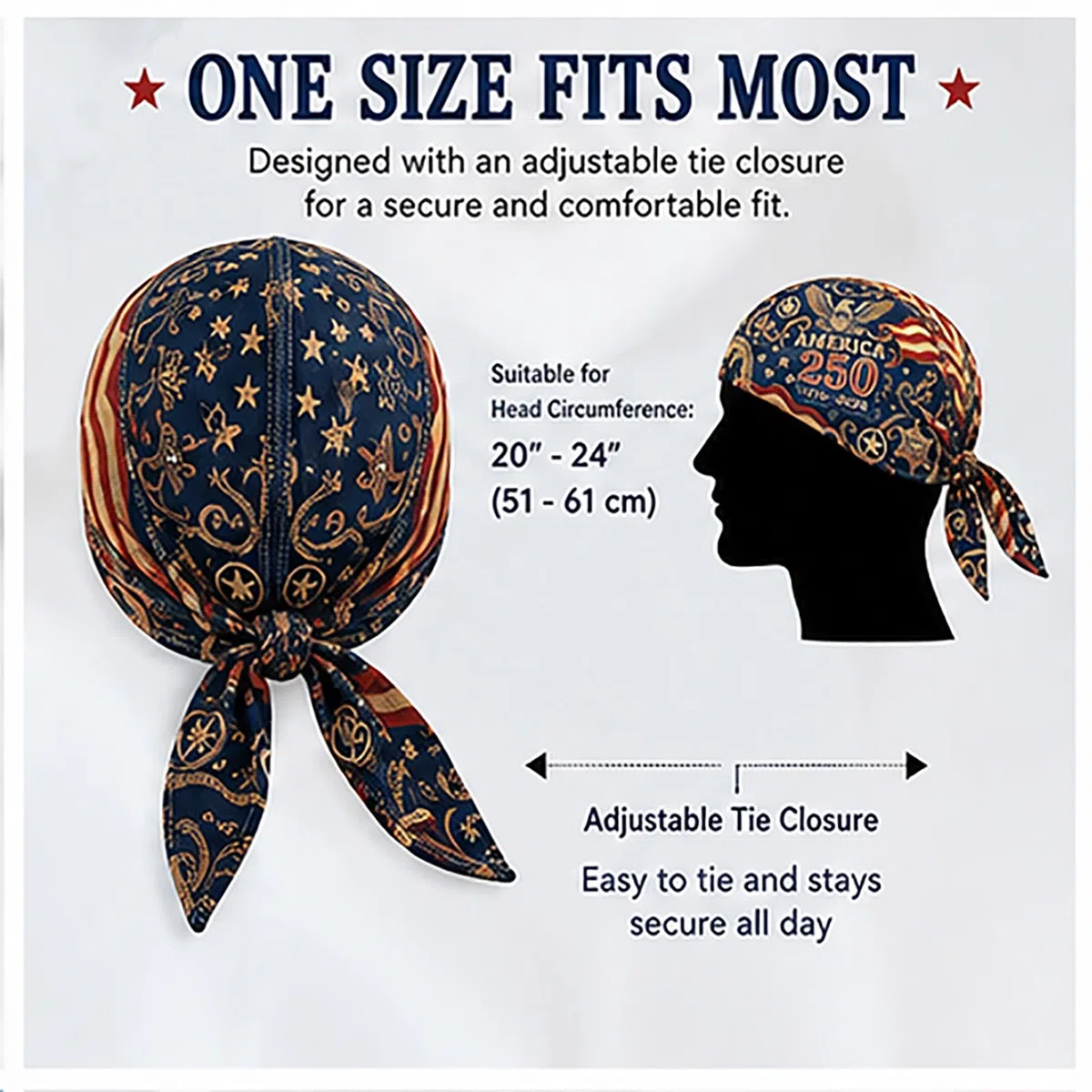 America 250 – Bandana de cyclisme style pirate/Bandeau pour motard – Foulard rafraîchissant et patriotique – Séchage rapide et évacuation de la transpiration