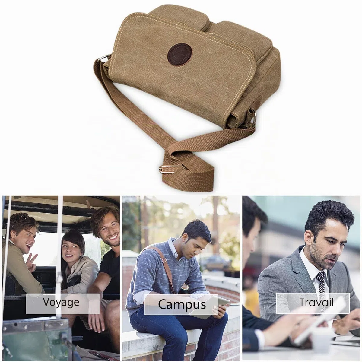 FANDARE Sac a Bandouliere Toile Sac d'épaule Unisexe Sacs Portés épaule 7.9 Pouces Tablet Messenger Bag Briefcase Hommes/Femmes Sac de Sport Travail Ecole Cartable