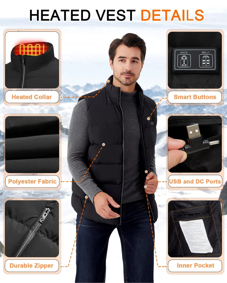 Gilet chauffant d'extérieur pour homme : gilet chauffant USB léger avec bloc de piles, gilet électrique d'hiver lavable, 15 zones de chauffage, veste chauffante chaude pour randonnée, ski