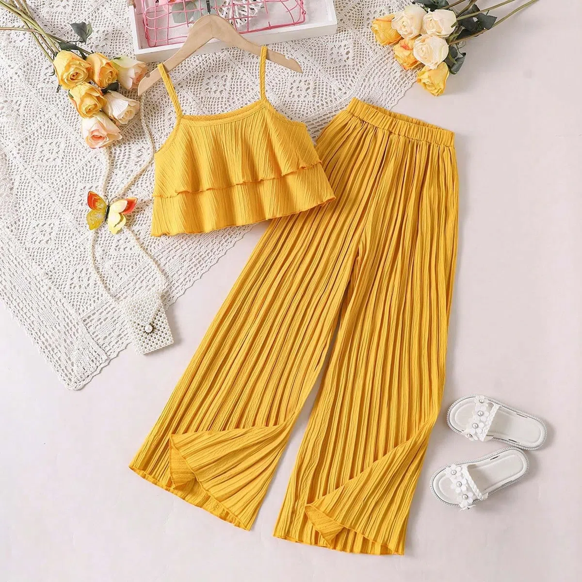 Ensemble Enfant, Vêtements Pour Bébé Fille Tenues D'Été Pour Filles Hauts Sans Manches À Volants Pantalons À Jambes Larges De Vêtements Pour Enfants, Idéal Pour Les Sports