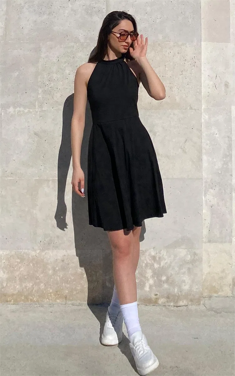 OUGES Robe D'éTé Ladies Knee Length Halterneck Dress Summer Floral Pattern Elegant Cocktail Dress