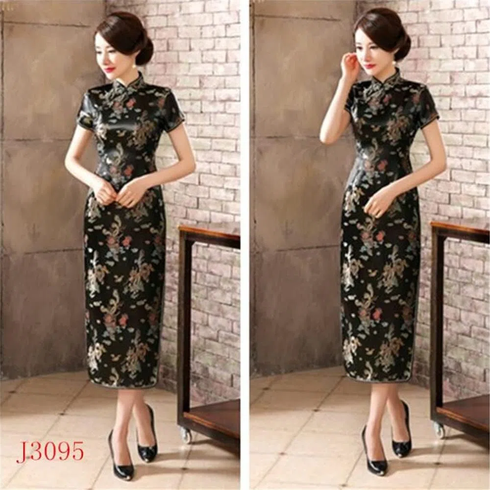 Black Sugar Robe Qipao Courte et Long à Petites Manches et Motif Dragon Brocart Cheongsam Tunique