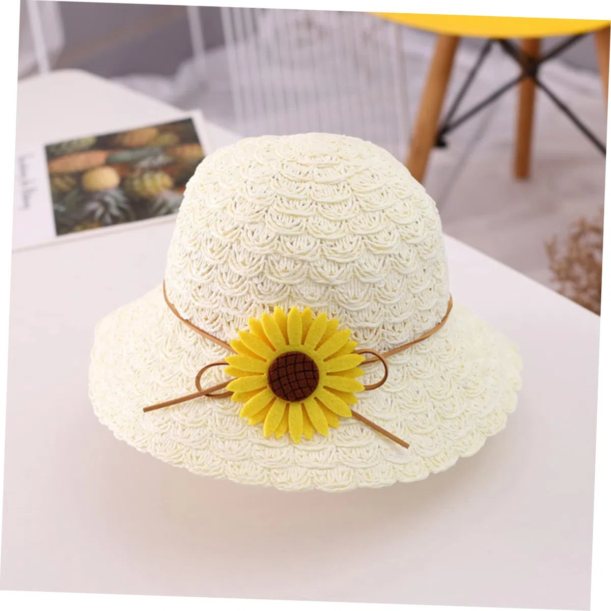 Healeved Chapeau de Soleil pour Enfants Les garçons Raphia Bord Filles fourre-Tout de Plage Chapeau de Plage en Paille pour Fille Sunhats Beach Cat Blanche