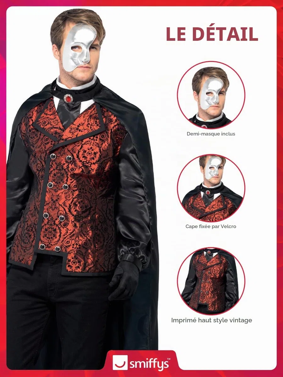 Smiffys Costume d'opéra noir avec cape, fausse chemise, masque, gants et fausse rose, costume d'Halloween de carnaval de la damne, costume de vampire