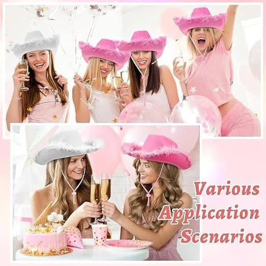 MALLOOM 12 Chapeau de cowgirl rose - Chapeau de cowboy rose pour femmes et adolescentes, chapeau de cowgirl amusant, cowgirl (Fil rose, blanc et argenté)