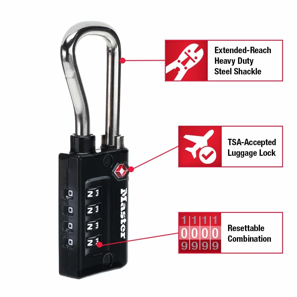 Master Lock 4696EC4 Lot de 4 cadenas à combinaison personnalisable, cadenas de valise accepté par la TSA, 3,33 cm, large, noir
