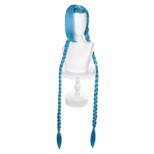 Perruque de Cosplay Jinx Bleu Synthétique Résistante à la Chaleur 54-61 cm