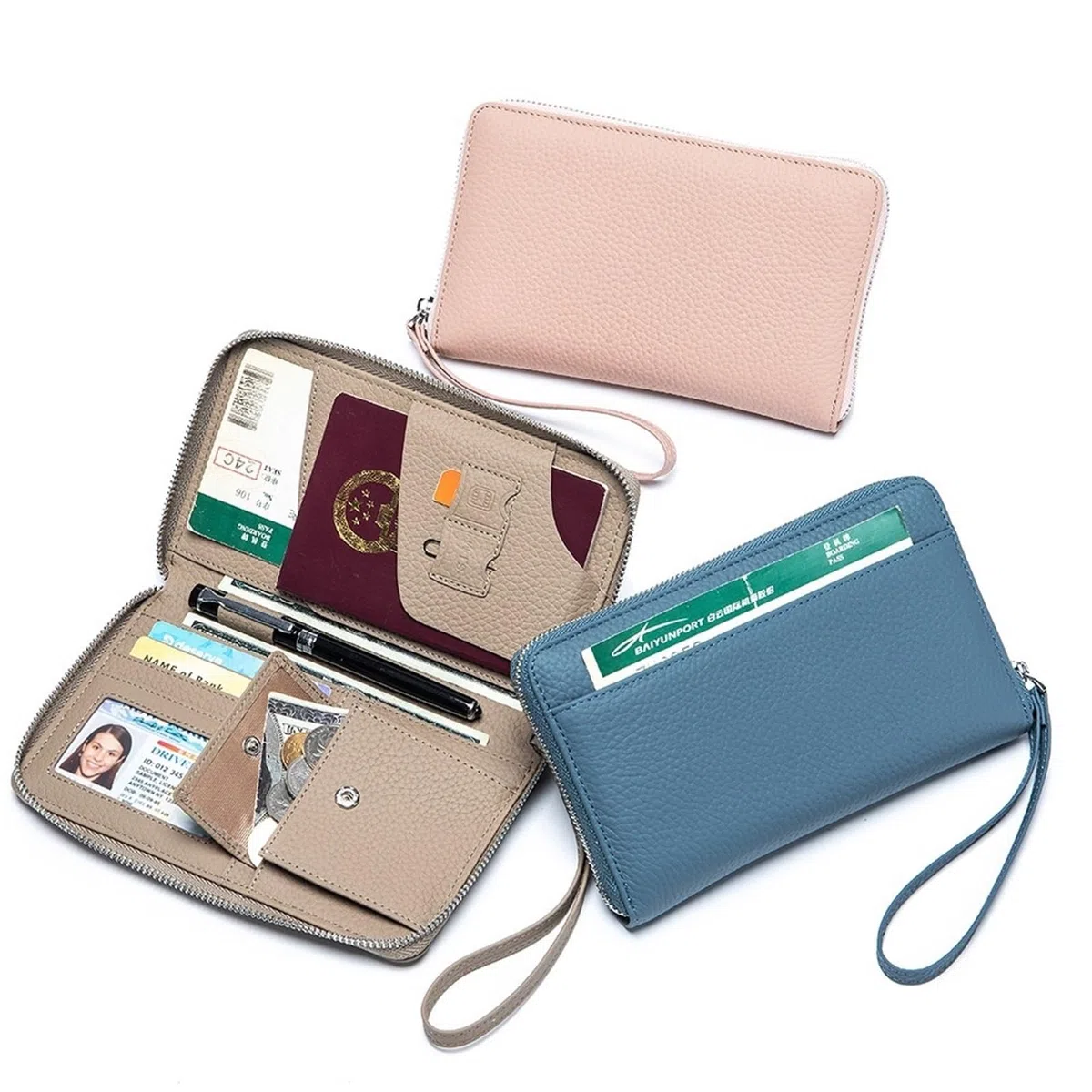 Protège Passeport Étui de Voyage en Cuir véritable for Passeport, Portefeuille Long, Porte-Cartes, Porte-Monnaie, Documents(Blue)