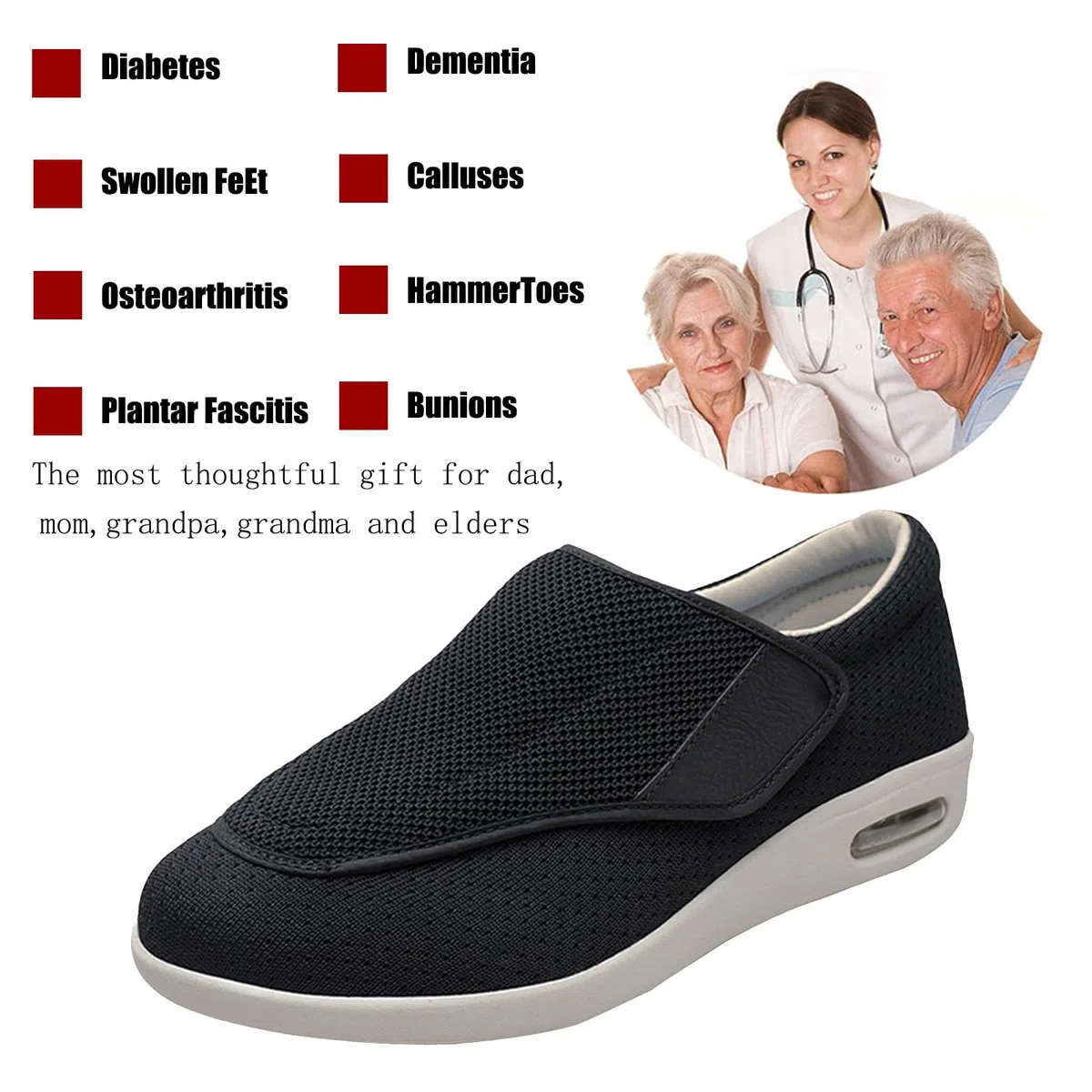 Chaussures pour Personnes DiabéTiques,Memory Foam Adjustable Walking for Elderly Arthritis Edema Swollen Feet Thumb Valgus Bunions.