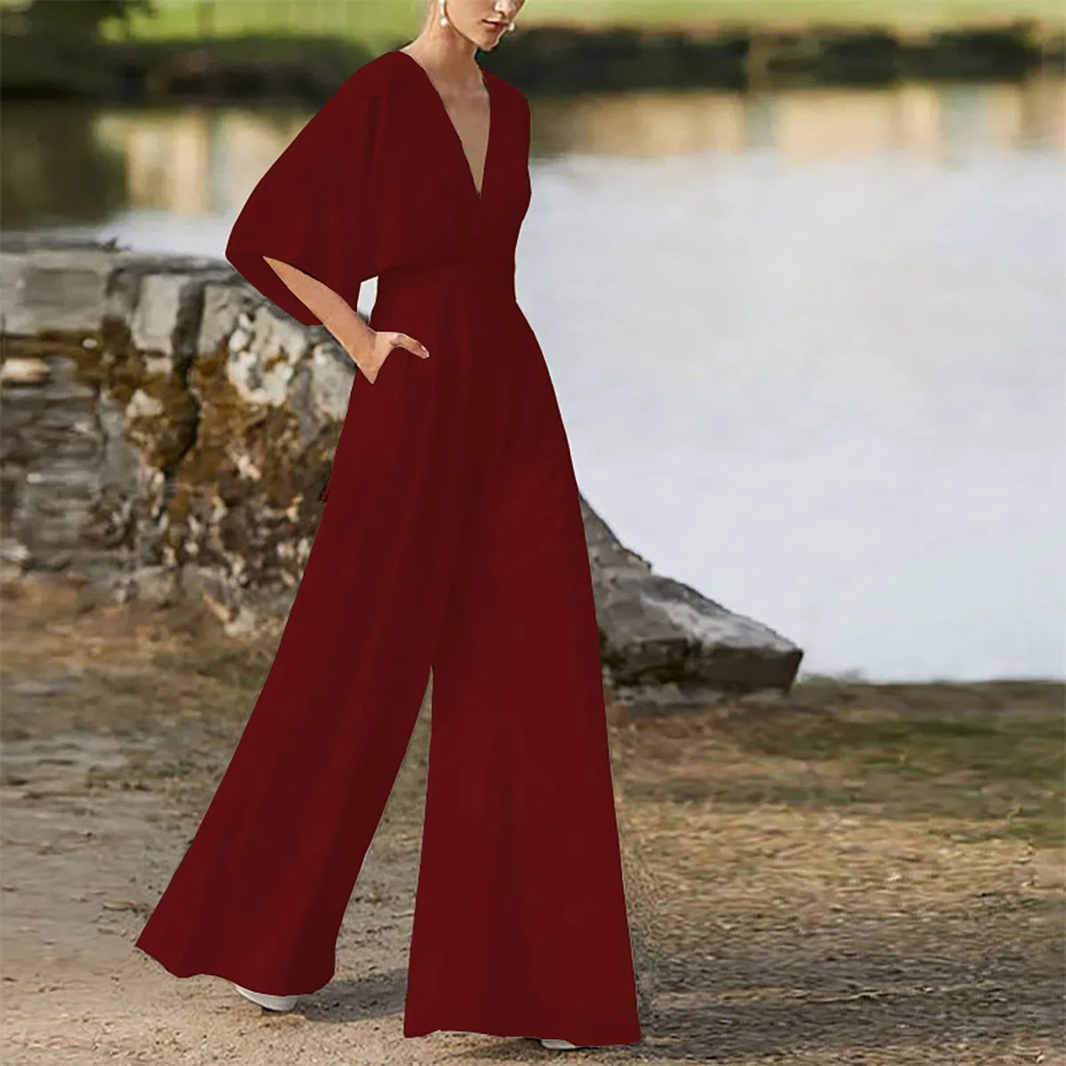 Combishort, Combinaison Femme Pantalon manches longues en V profond décontracté mo taille haute jambes larges