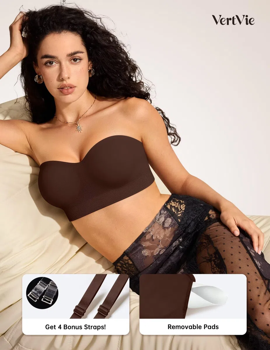 Vertvie Soutien-gorge sans bretelles pour femme - Antidérapant - Push Up - Sans fil - Confortable - Soutien-gorge rembourré de soutien