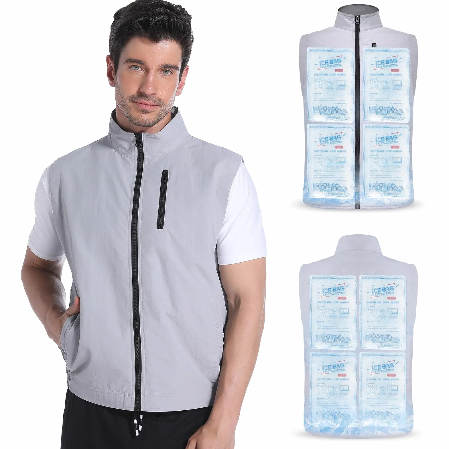 FERNIDA Gilet rafraîchissant, gilet de glace avec 24 poches de glace, pour hommes et femmes, sans manches en nylon, vêtements frais et respirants pour l'été, plein air, temps chaud, chasse, travail