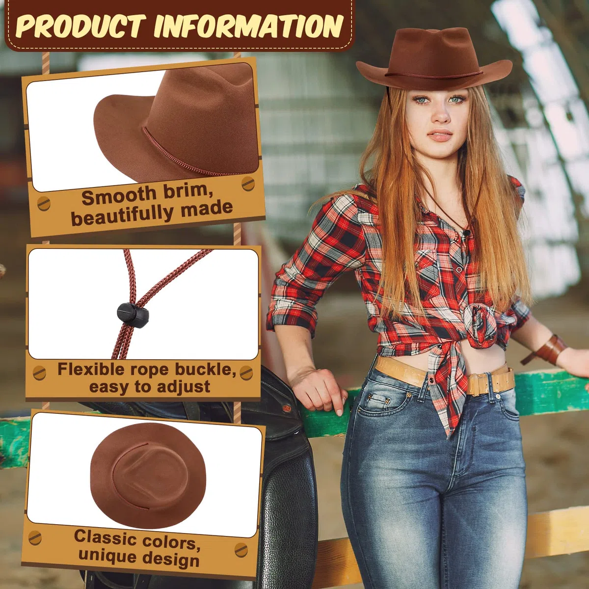Hicarer 12 Pieces Plastic Western Cowboy Hat Set Disposable Felt Wide Brimmed Felt Cowgirl Party Hat for Men Women Party(Brown)
