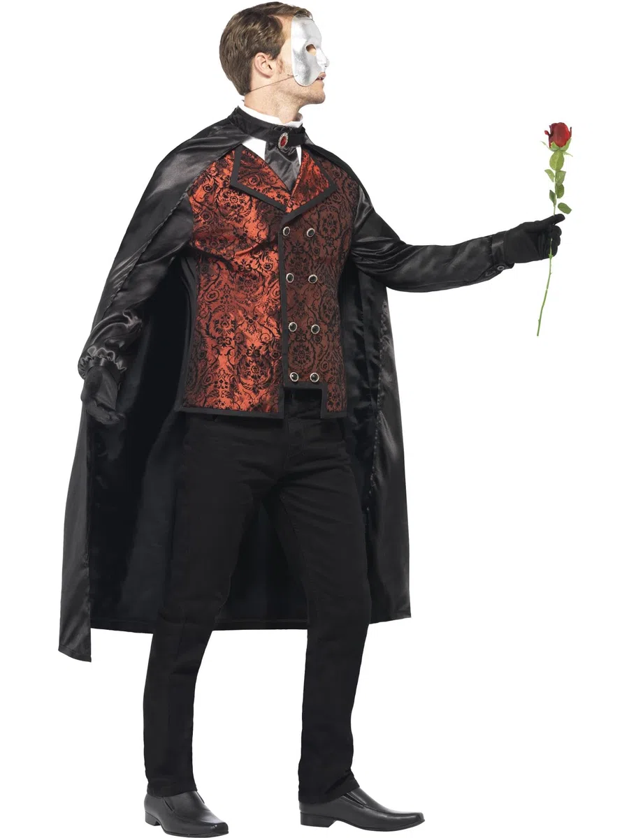 Smiffys Costume d'opéra noir avec cape, fausse chemise, masque, gants et fausse rose, costume d'Halloween de carnaval de la damne, costume de vampire