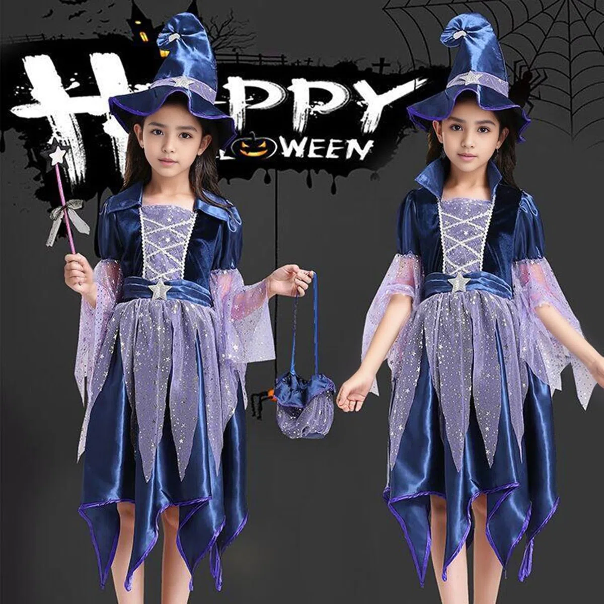 Ensemble Enfant, Enfants Halloween Cosplay Scène Jouer Performance Robe Chapeau Sac Bâton Quatre Pièces Tenues Pour Enfants Vêtements, Style Oversize Tendance