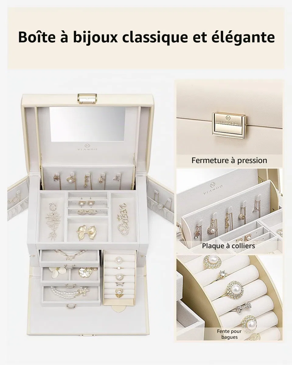 Vlando Grande boîte à bijoux baroque avec miroir, tiroirs pour bracelets, boucles d'oreilles, bagues, colliers, cadeau de fête des mères pour un être cher, blanc abricot
