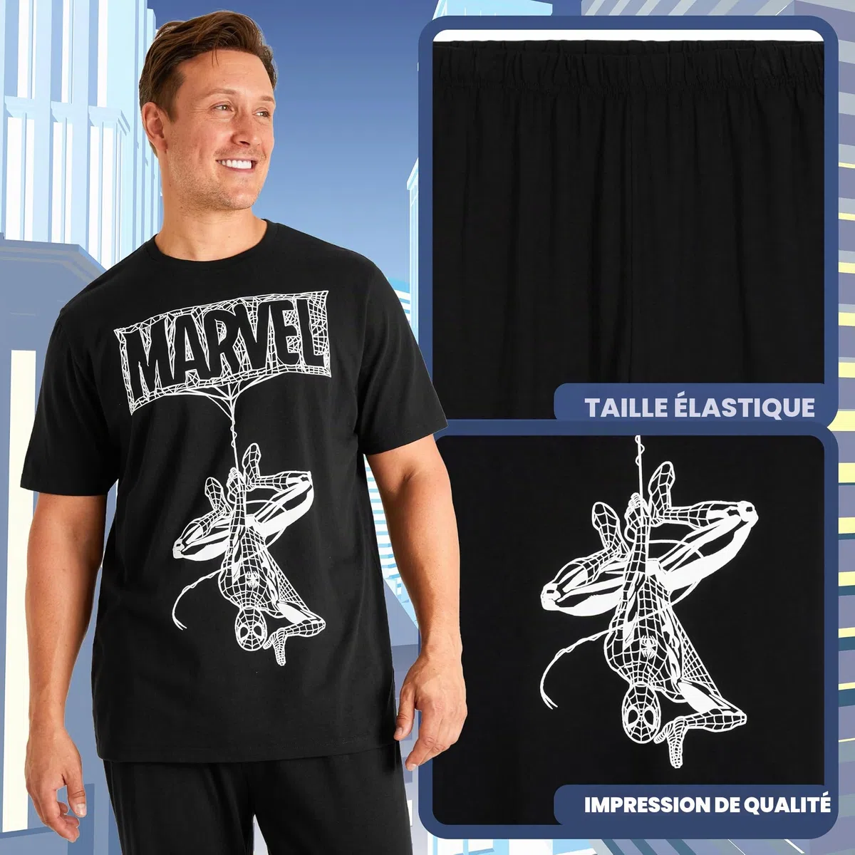 Marvel Pyjama Homme Long avec Poches Pyjama Spiderman Adulte Vêtements de Nuit Homme Taille M-3XL