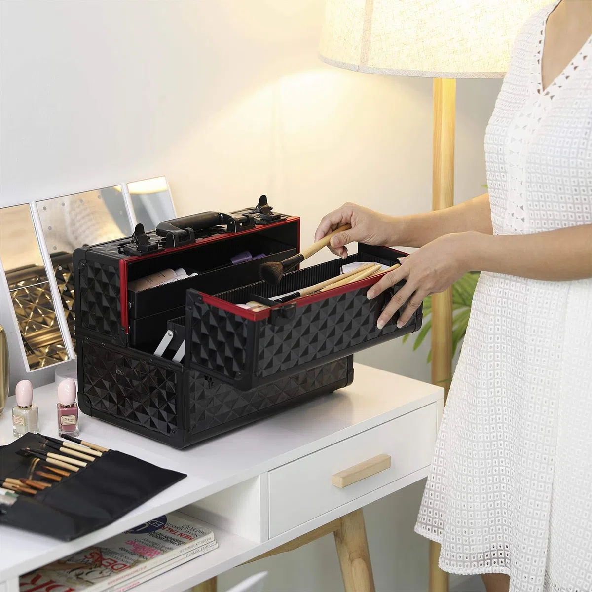 Abician Mallette Valise à Maquillage de Cosmétiques Vanity en Métal Beauty Case Coffret à Bijoux pour Voyage Coiffeur 35 x 22 x 25 cm Noir