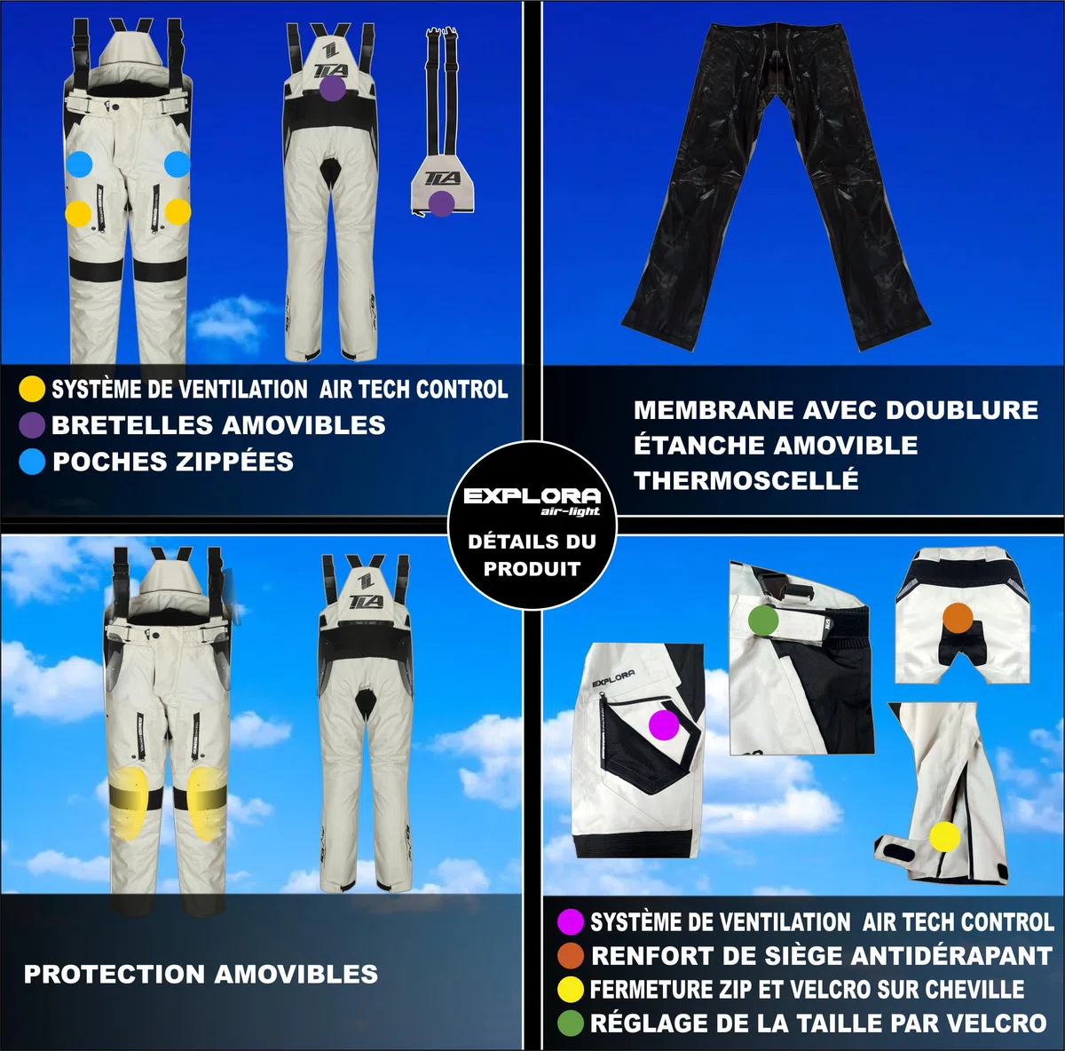 TLA EXPLORA Light Pantalon Moto avec Protections homologuées CE Classe A, Doublure imperméable Amovible, Tailles jusqu'à 7XL Homme, Femme. Pantalon Moto Enduro, Tourisme, Aventure, mi-Saison, été.