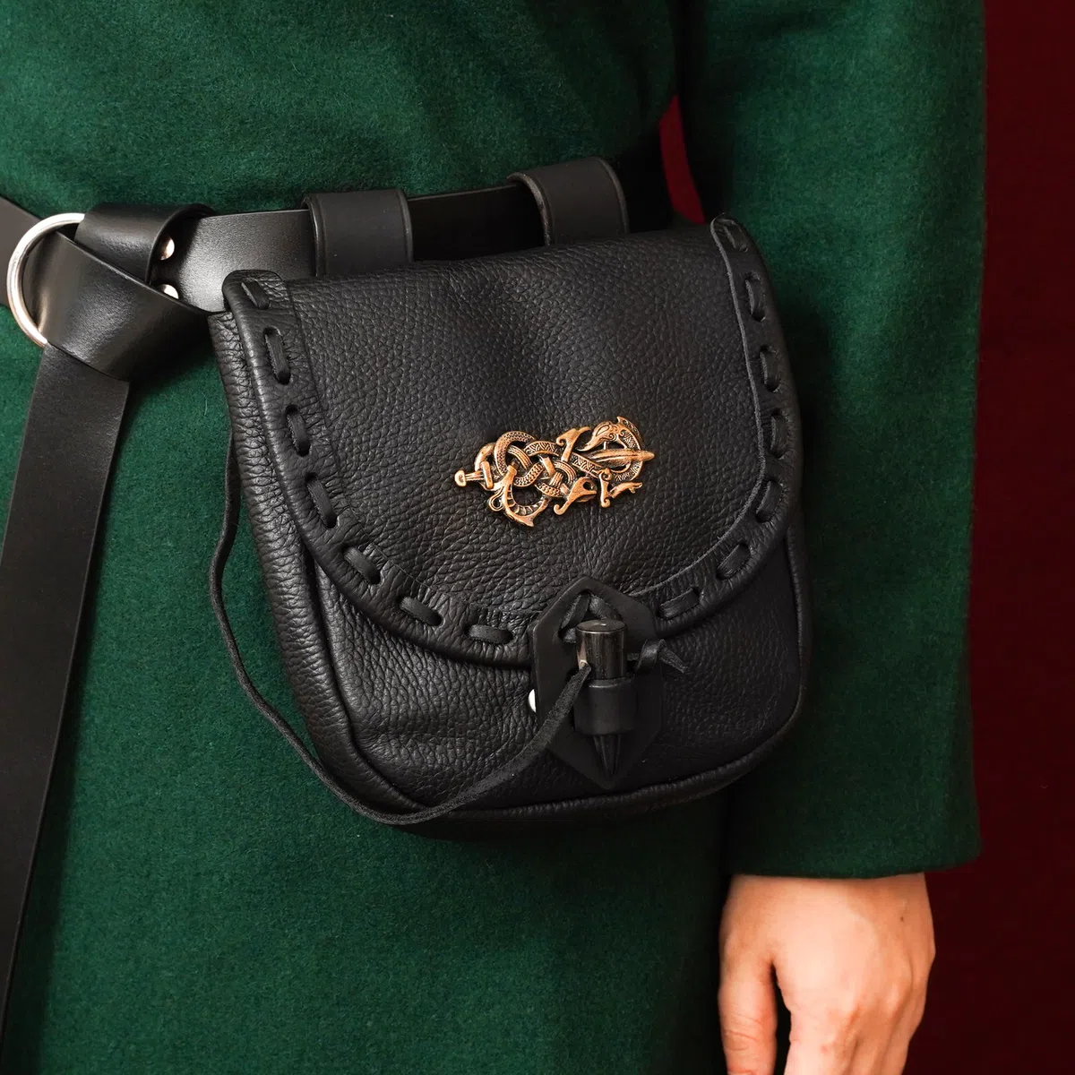 Mythrojan Pochette ceinture en cuir médiéval original sac costume accessoires pochette viking ceinture porte-monnaie, Décoration bronze noir, 8" x 7", Pochette en cuir noir