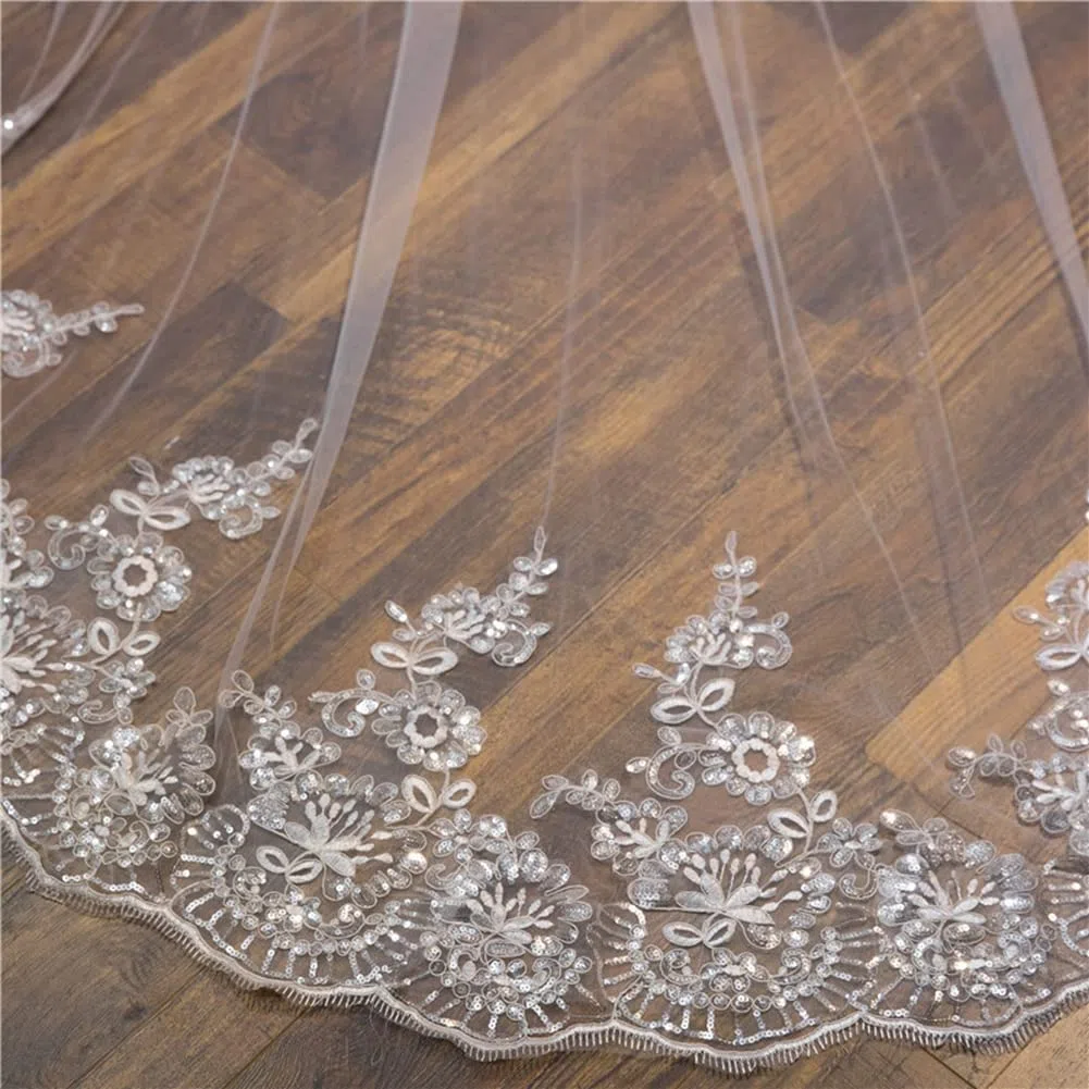 3 m Long voile de mariage église mariage voile de mariée tulle bord appliques voile avec peigne dentelle paillettes tulle doux pour mariée studio photo accessoires robe de mariage